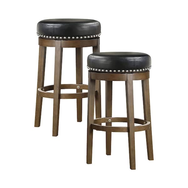 Lazzara Paran 30 in. Brown Wood Round Swivel Pub Height Stool with Black Faux Leather Seat (Set of 2)