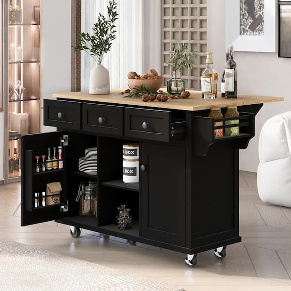 IDEAGLE Black Foldable Rubber Wood Drop-Leaf Countertop 53.1 in. W Kitchen Island on Wheels with Storage Cabinet
