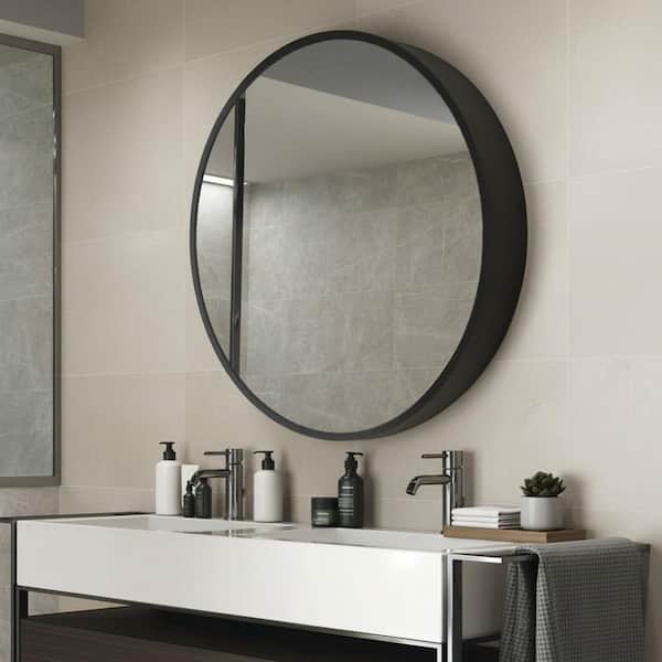 24 in. W x 24 in. H Round Black Iron and Aluminum Surface Mount Medicine Cabinet with Mirror