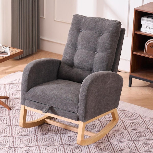 Gray Nursery Rocking Chair with Footrest High Back Upholstered Glider Chair Accent Armchair with Side Pocket, Wood Legs