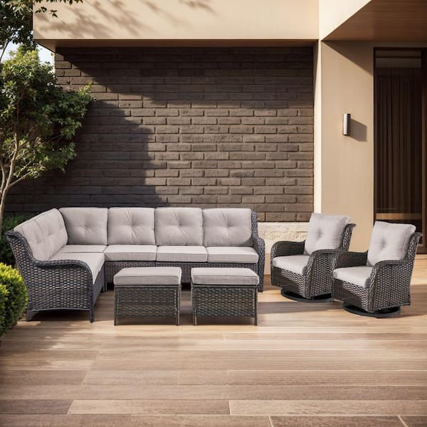 6-Piece Brown Wicker Patio Conversation Set with Olefin Beige Cushions L-Shaped Sofa with Ottoman/Swivel Patio Chair