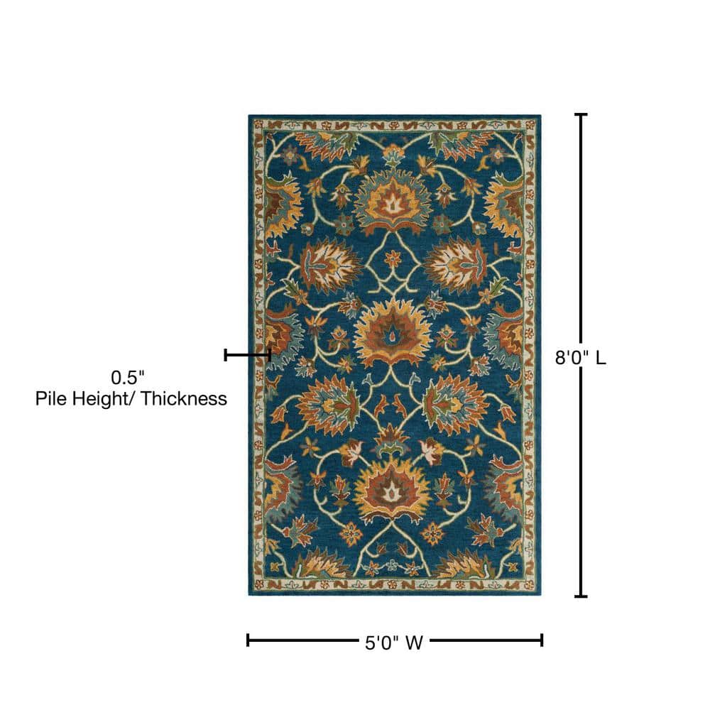 Navy Blue Hand-Tufted Wool Floral Area Rug 5' x 8'