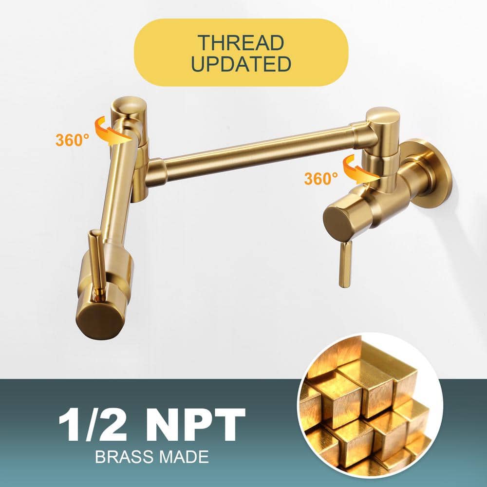 Brushed Gold Wall Mount Double Handle Pot Filler Faucet