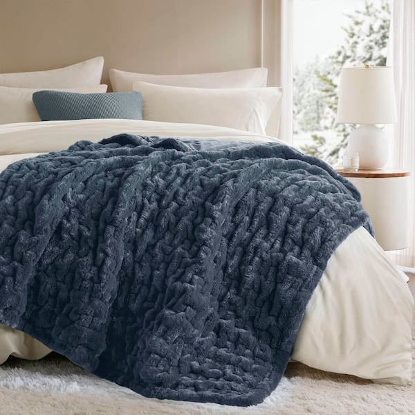 Madison Park Ruched Fur Slate Blue Polyester Throw Blanket MP50