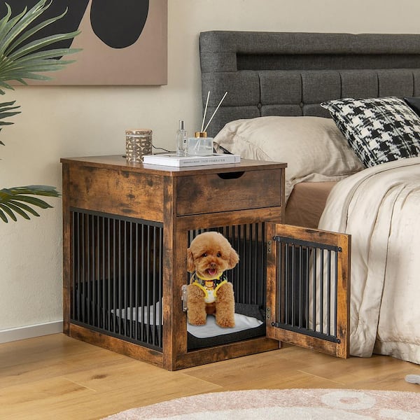 20 in. Rustic Brown Rectangle MDF Side End Table 2-In-1 Furniture Dog Crate with Drawer Wired and Wireless Charging