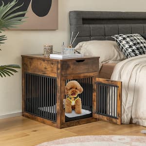 20 in. Rustic Brown Rectangle MDF Side End Table 2-In-1 Furniture Dog Crate with Drawer Wired and Wireless Charging