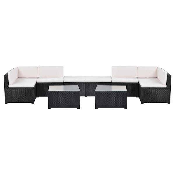 URTR 10 Piece Rattan PE Wicker Patio Conversation Set Outdoor Furniture Sectional Sofa Set w/Ottoman & Table, Beige Cushion