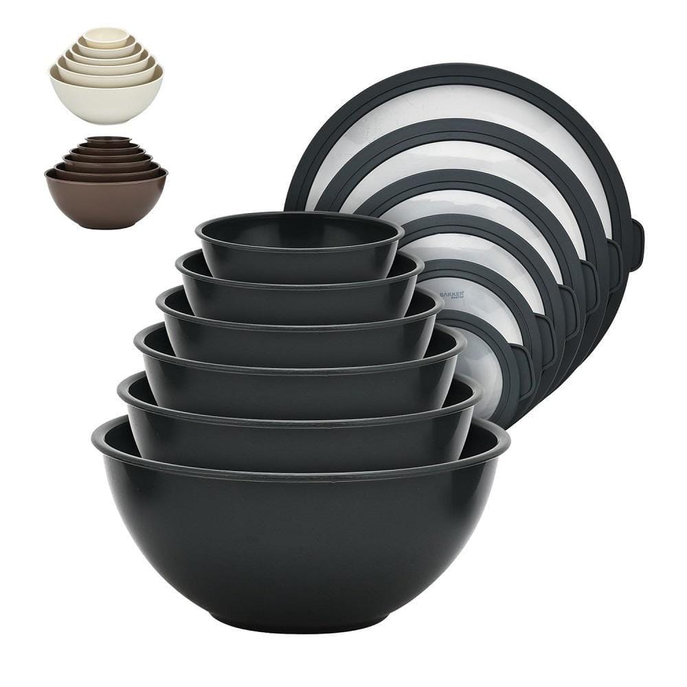 BakkenMaster 12-Piece Gray BPA-Free Plastic Nesting Mixing Bowl Set Includes 6 Food Prep Bowls and 6 Lids for Easy Kitchen Storage