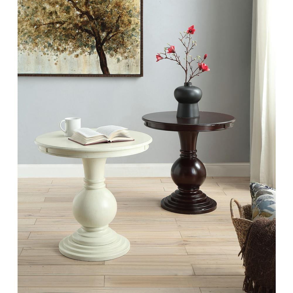 Elegant Antique White Round Pedestal End Table with Mirrored Glass Storage