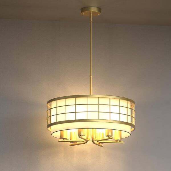 Emeritpro 6-Light Champagne Gold Drum Chandelier with Linen Shades