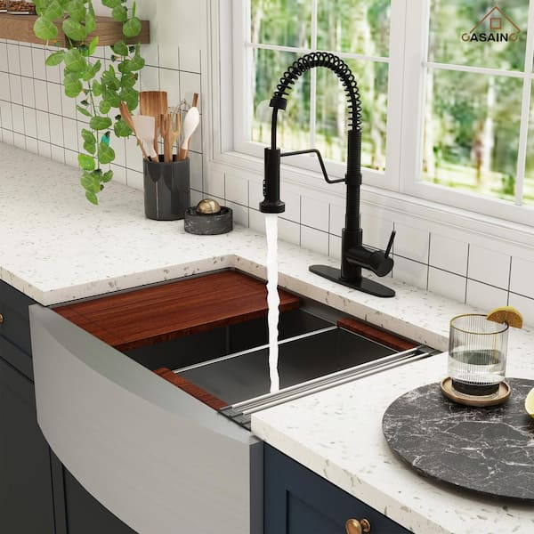 33 in. Farmhouse/Apron-Front Single Bowl 16 Gauge Stainless Steel Workstation Kitchen Sink with Faucet and Accessories