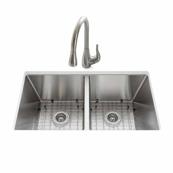 33 in. Undermount Double Bowl 11 Gauge 3mm Stainless Steel Quick Drain Slope Kitchen Sink with Accessories