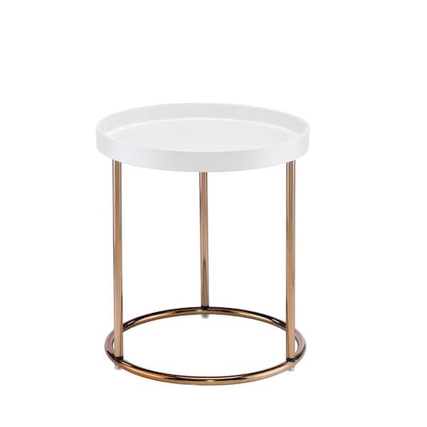 ORE International 18.5 in. x 21.75 in. White Round Wood Edie Mid-Century Lipped Edge Side Table with Copper Legs
