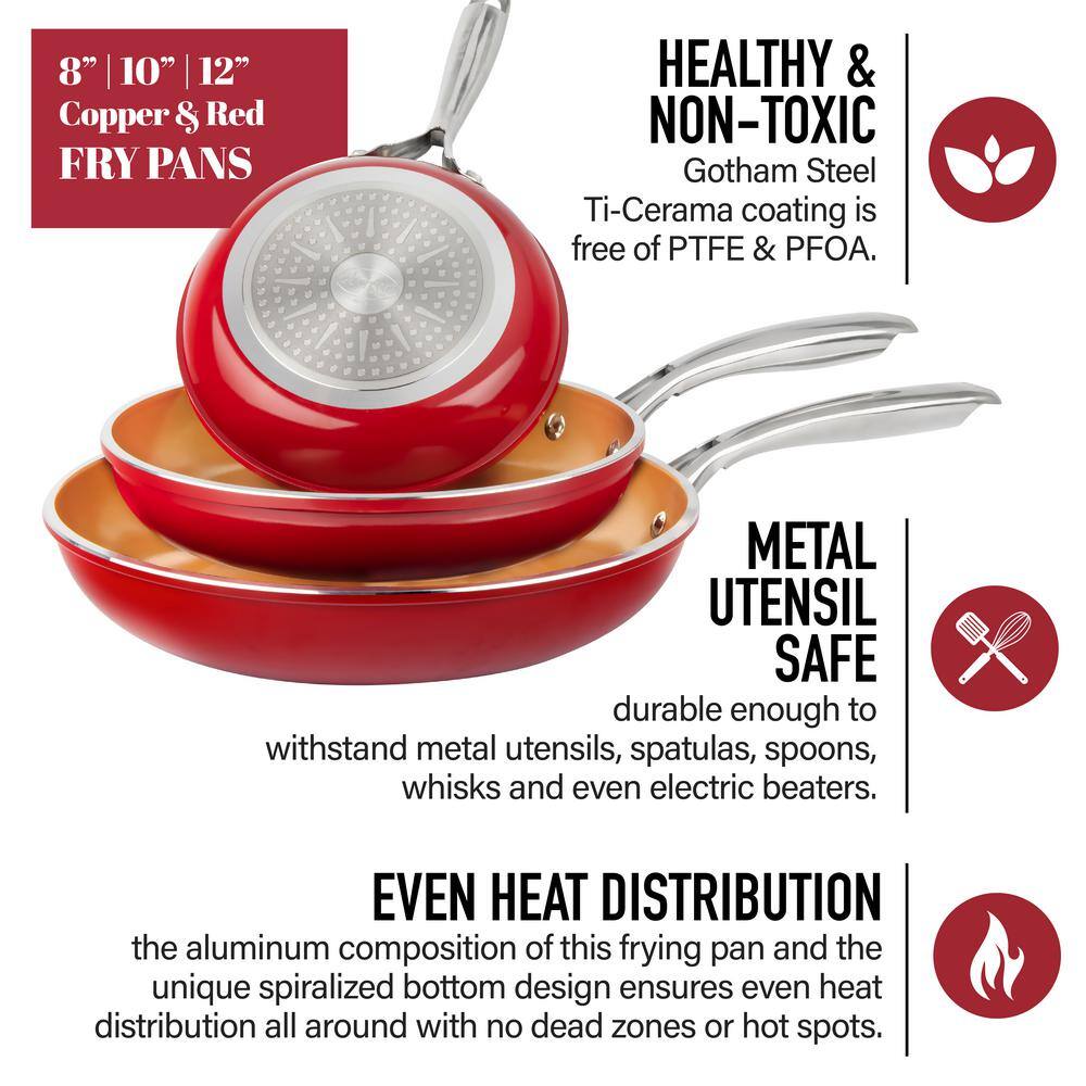 Gotham Steel Red Nonstick Ceramic Fry Pan Set, 8'', 10'' & 12''