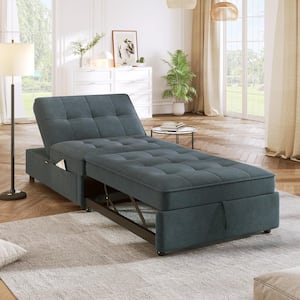 Grayish Deep Blue 4-in-1 Linen Twin Sofa Bed Chair with Side Pocket, USB Port and 5-Level Adjustable Backrest