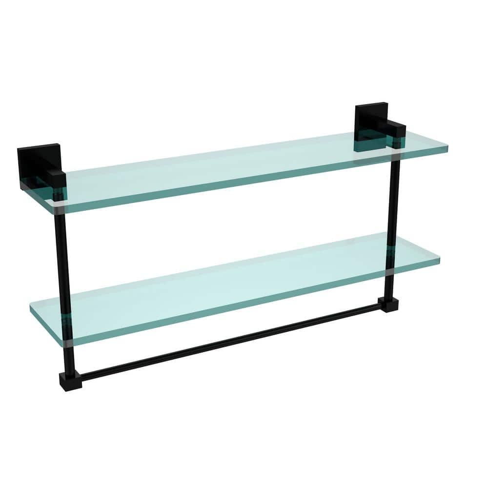 Allied Brass Montero 22 in. L x 11-3/4 in. H x 5-3/4 in. W 2-Tier Clear Glass Bathroom Shelf with Towel Bar in Matte Black