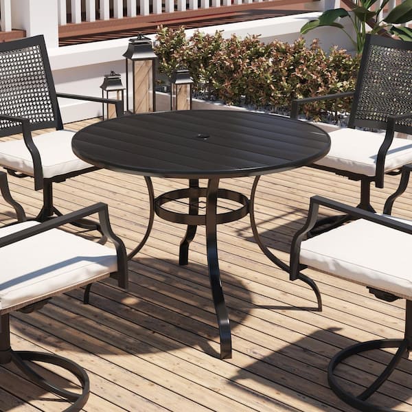 Black Steel Outdoor Dining Table 39.76 in. Patio Round Dining Table with Umbrella Hole for Deck Lawn Garden