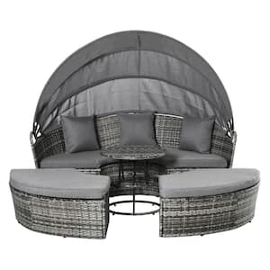 4-Pieces Patio Steel PE Wicker Patio Conversation Set, Round Sofa Bed with Canopy with Grey Cushions