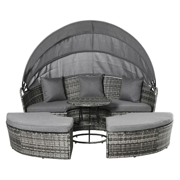 Outsunny 4-Pieces Patio Steel PE Wicker Patio Conversation Set, Round Sofa Bed with Canopy with Grey Cushions