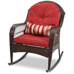 Brown Wicker Outdoor Rocking Chair with Red Cushion