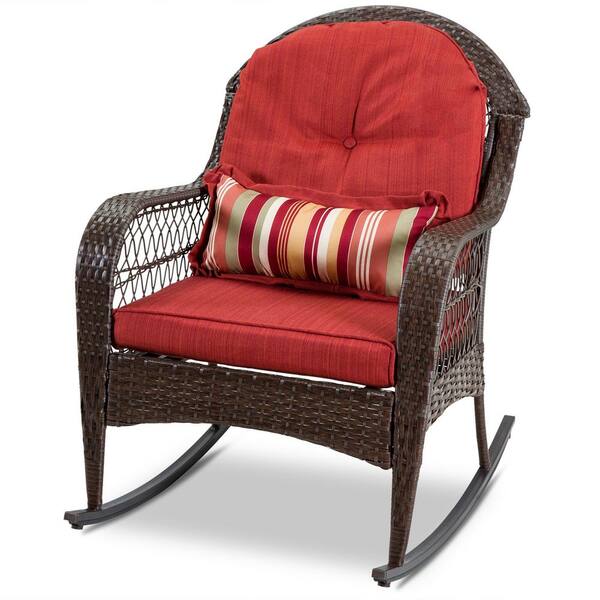 Forest Home Brown Wicker Outdoor Rocking Chair With Red Cushion Rc001rd Brown Wicker Outdoor Rocking Chair, Best All Weather Rocking Chairs
