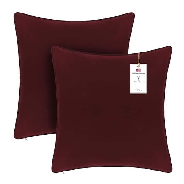 A1 Home Collections A1HC Wine Red Velvet Decorative Pillow Cover Pack of 2, 20 in. x 20 in. Hidden YKK Zipper, Throw Pillow Covers Only