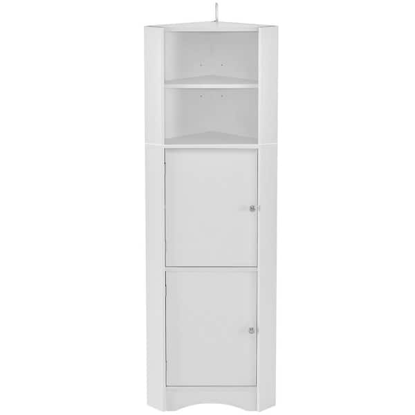 FUNKOL 14.96 in. W x 14.96 in. D x 61.02 in. H White Linen Cabinet Bathroom Corner Cabinet with Doors and Adjustable Shelves