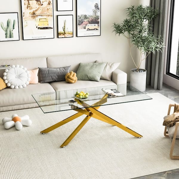 47.2 in. Rectangle Clear Tempered Glass Coffee Table with Golden Metal Legs, Modern Living Room Accent Furniture