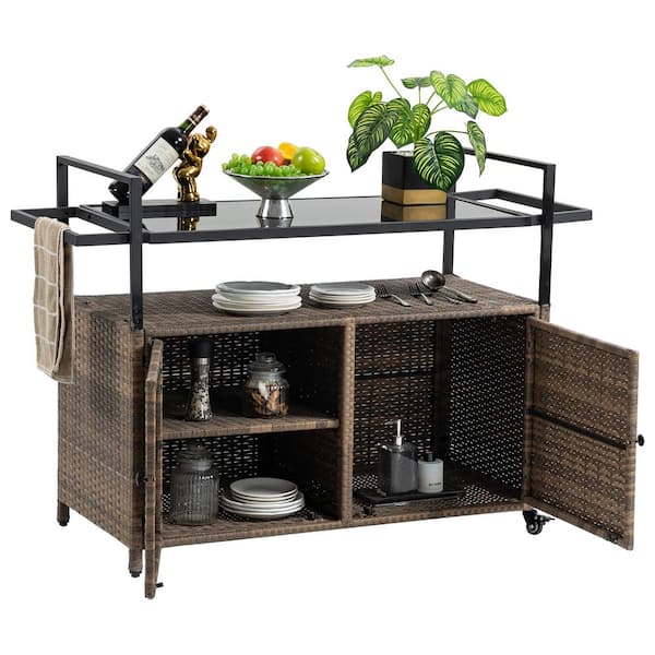 SOTEN RUGGED TABLET LLC Outdoor Wicker Bar Cart, Patio Wine Serving Cart W/Wheels, Rolling Rattan Beverage Bar Counter Table, Glass Top, Brown