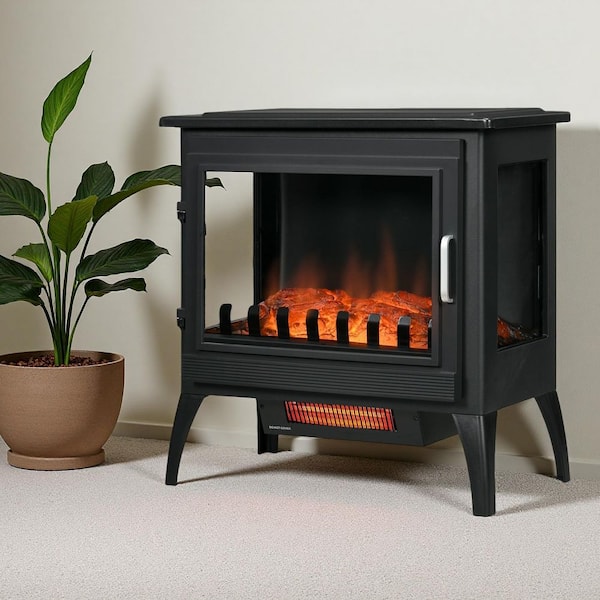 24 in. Freestanding Electric Fireplace Stove, 1000W/1500W Stove w/ Realistic LED Flames and Overheating Protection,Black