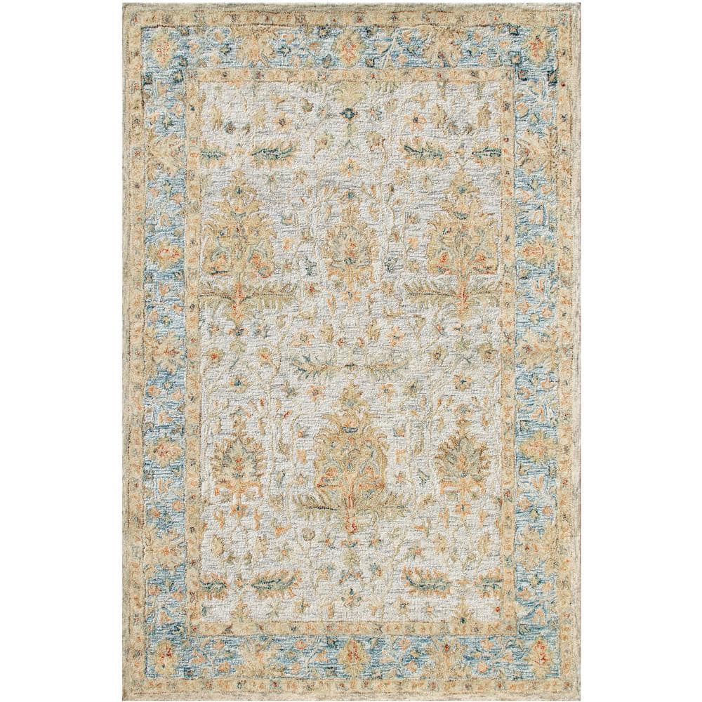 Valerie Blue/Brown 5 ft. x 7 ft. 9 in. Floral Bordered Wool Indoor Area Rug