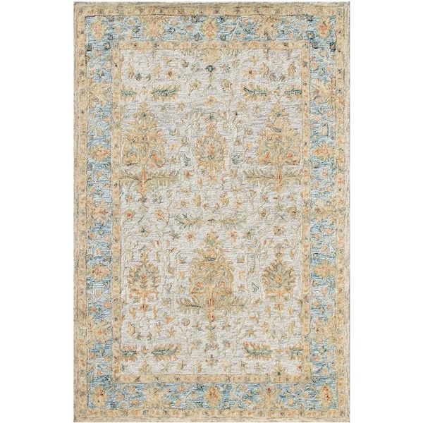 Unbranded Valerie Blue/Brown 5 ft. x 7 ft. 9 in. Floral Bordered Wool Indoor Area Rug