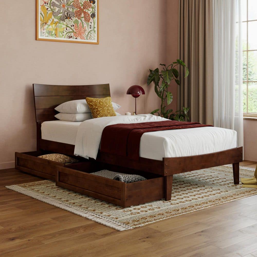 Phoenix Walnut Brown Wood Frame Twin XL Platform Bed with Storage Drawers price history on PriceWatchPro