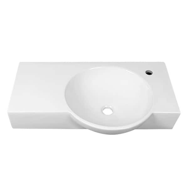 30 in. Right Side White Ceramic Novelty Wall-Mount Sink Wall Hung Rectangular Bathroom Vessel Sink, Single Faucet Hole