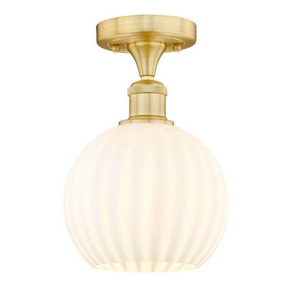 White Venetian 8 in. 1-Light Satin Gold Modern Semi-Flush Mount with Frosted Glass Shade