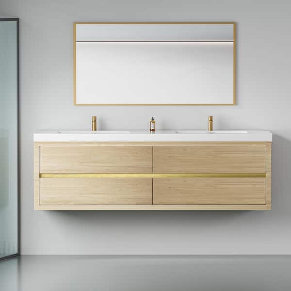 Abruzzo 72 in. Wall-Mounted Double Sink Bath Vanity Floating Bathroom Storage Cabinet in Natural Oak with White Stone Resin Top