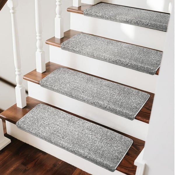 Bullnose Light Gray 9.5 in. x 30 in. x 1.2 in. Polypropylene Stair Tread Cover Carpet Mats Self Adhensive Set of 12