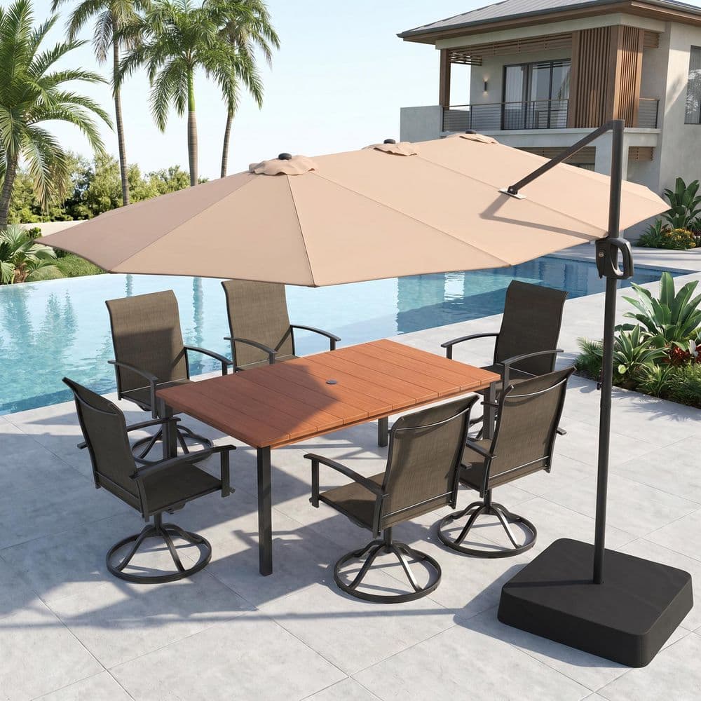 8-Piece Metal Outdoor Dining Set with 63'' Walnut Rectangle Table, 6 Textilene Swivel Chairs in Brown and Beige Umbrella price history on PriceWatchPro