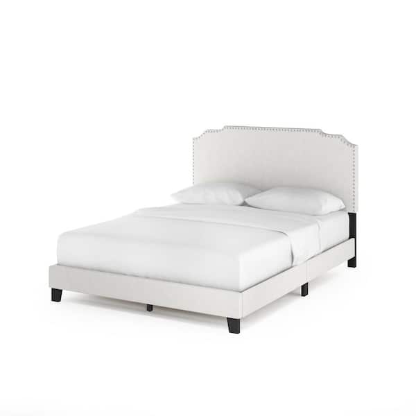 Furinno Nadia White Linen Queen Bed Frame Headboard with Nailhead