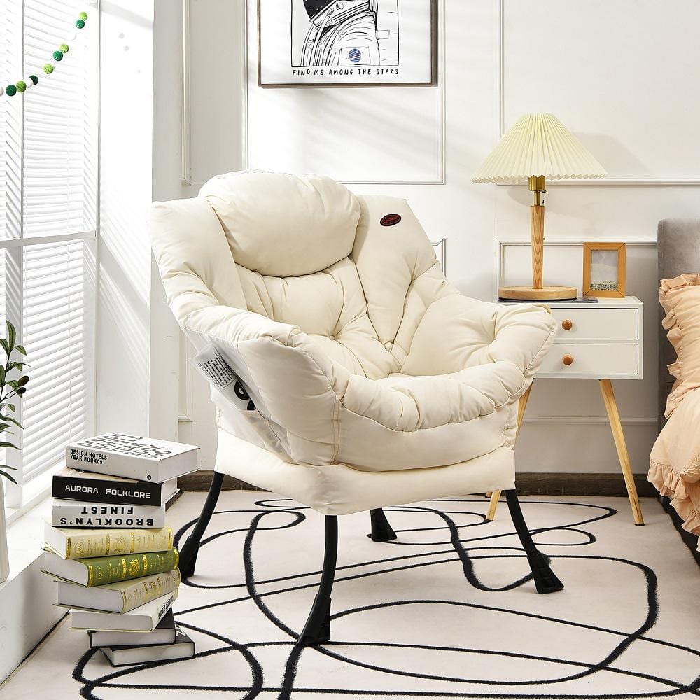 Beige Newspaper Print Modern Metal Accent Chair with Side Pocket
