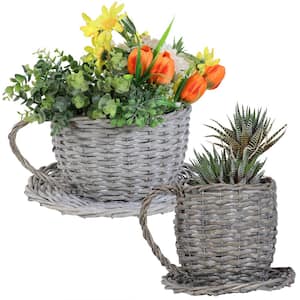 Sunnydaze 14 in Gray Willow Wicker Coffee Cup Planters (2-Pack)