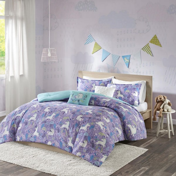 Intelligent Design Kids Ella 5-Piece Purple Full/Queen Unicorn Cotton Comforter Set