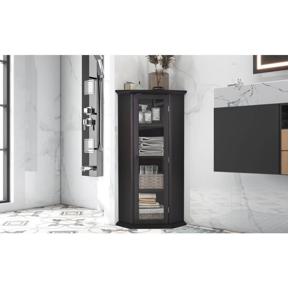 16.5 in. W x 16.5 in. D x 42 in. H Black Brown Wood Linen Cabinet with Glas