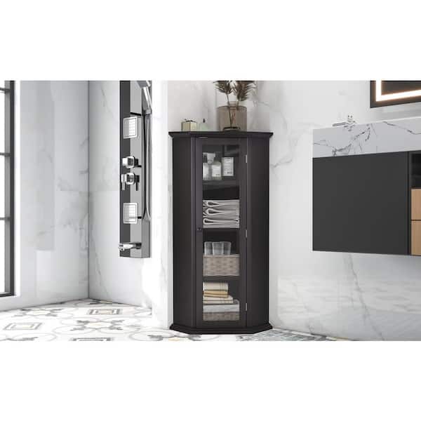 Unbranded 16.5 in. W x 16.5 in. D x 42 in. H Black Brown Wood Linen Cabinet with Glass Door