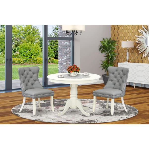 East West Furniture 3-Piece Linen White Finish Solid Wood Top - Round Upholstered Dining Room Set - Seats-4