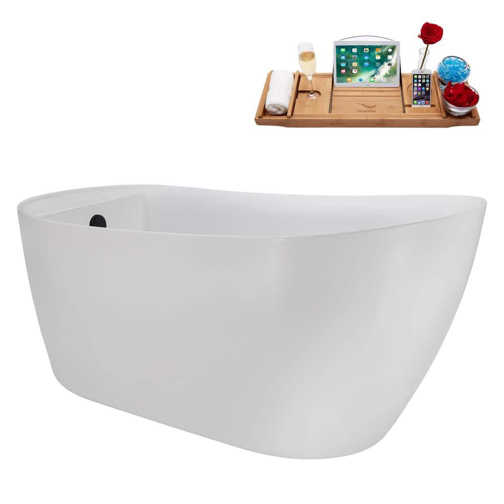 59" Glossy White Acrylic Freestanding Soaking Bathtub with Matte Black Trim
