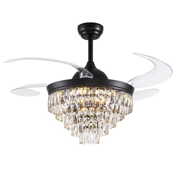 48 in. Indoor Modern Black Standard Crystal Invisible Downrod Mount Ceiling Fan with Light and Smart Control