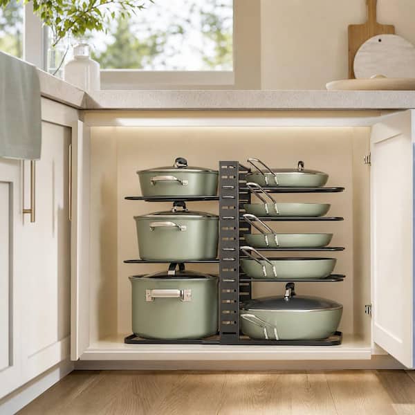 8-Tier 14.96 in. H Black Adjustable Standing Pot Rack, Pots and Pans Organizer, Kitchen Organizers and Storage