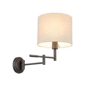 Jaclyn Dark Bronze Plug-In or Hardwire Swing Arm Wall Lamp with Beige Textured Fabric Shade, LED Bulb Included
