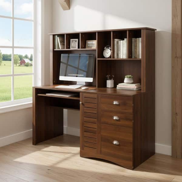 BAIKE 59.06 in. Rectangular Walnut Brown MDF 3-Drawer Computer Desk with Hutch, Shelves, and Concealed Storage Cabinet